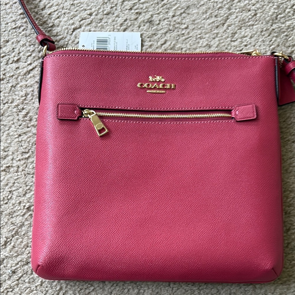 Coach Rowan File Bag Strawberry Haze Crossgrain Leather with Gold Hardware.